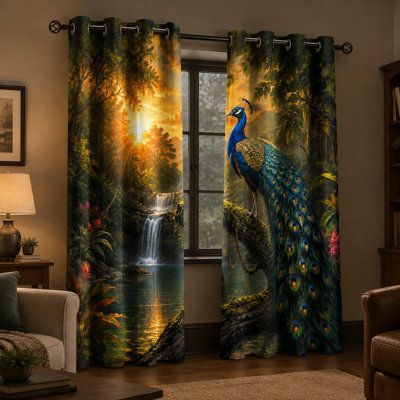 Lot de 2 rideaux occultants à œillets « Paon majestueux en cascade », imprimés d'un paysage de forêt luxuriante, réduisant le bruit et protégeant l'intimité, décoratifs pour la chambre, le salon, la cuisine et la décoration intérieure.