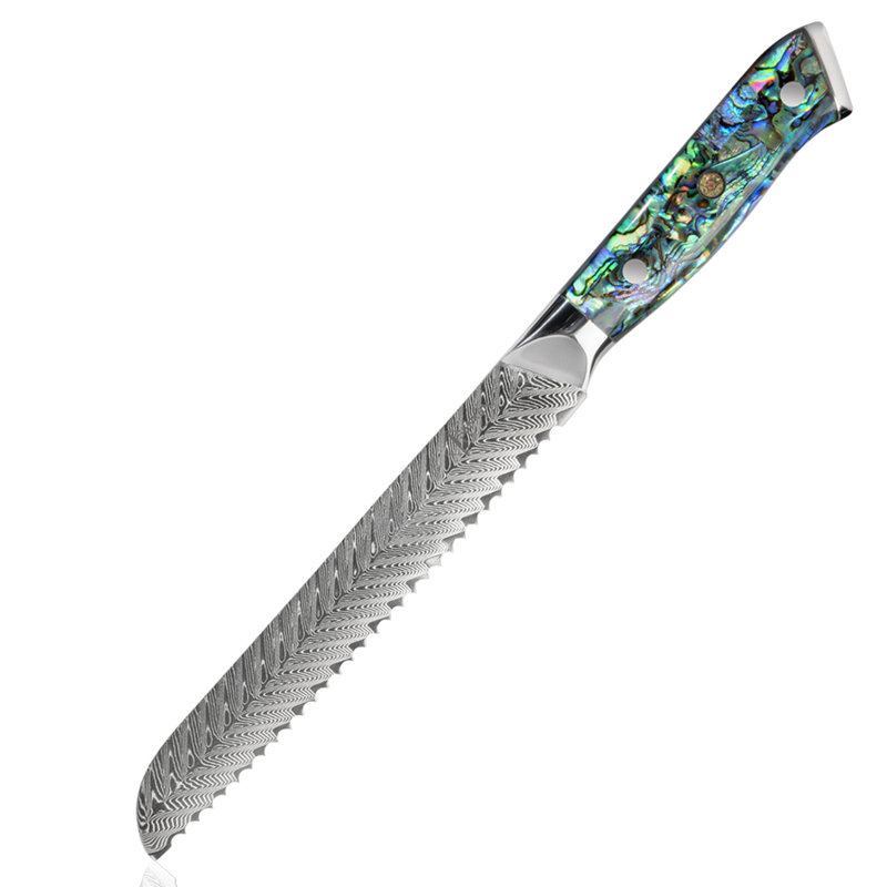 8" Damascus Steel Bread Knife with Real Abalone Shell Handle - Japanese VG10 67-Layer Damascus Steel - 8" Serrated Blade, Luxury Gift Box - Senken Knives