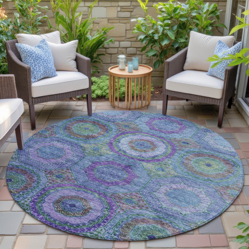 Machine Washable Indoor/Outdoor Xhevrie Blue Rug, Round 8'