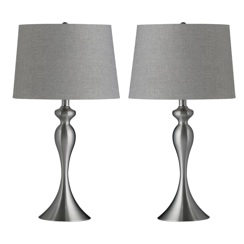 Set Of 2 Silver Steel Table Lamp W/ Grey Linen Shade