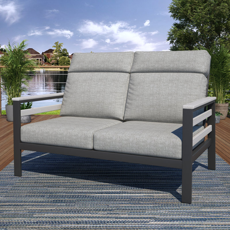 Townsend Metal Outdoor Loveseat With Sunbrella Cushion, Canvas Granite, White