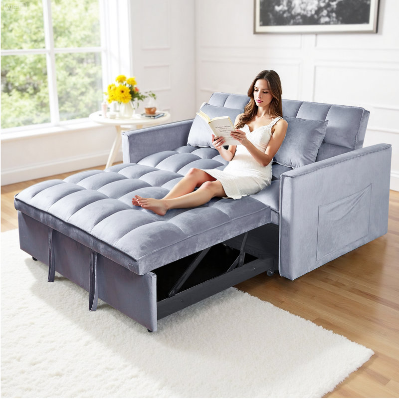 3 in 1 Convertible Sleeper Sofa Bed, Holland Velvet Futon Couches, Chaise Lounge for Living Room with Side Pocket
