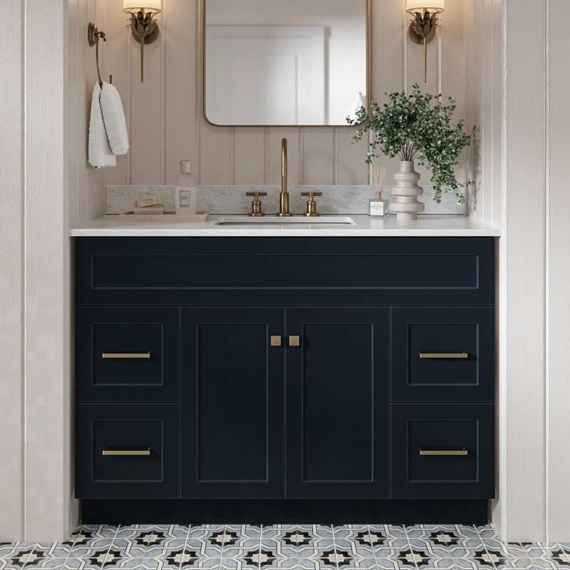 Partham 49'' Single Bathroom Vanity with Carrara Marble Top, Midnight Blue