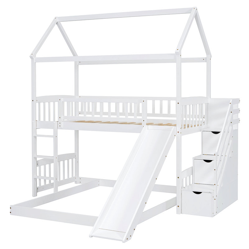 Lit superposé avec glissade, lit maison avec glissade, Blanc