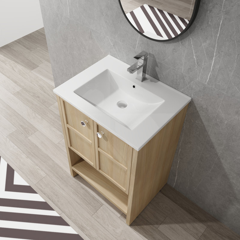 Lavabo de salle de bain autoportant 30 po en céramique, 2 portes à fermeture douce, chêne, contreplaqué