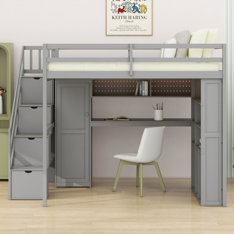 Structure de lit mezzanine peu encombrante avec garde-robe intégrée, bureau, tablettes et lumières, Gris