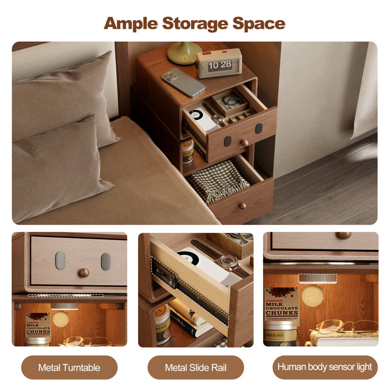 A set of solid wood bedside table sold in pairs, with a 360° rotating drawer design, equipped with a sensor light and two drawers.