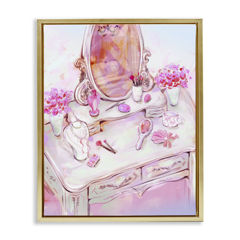 Cadre flottant rose pastel avec vue de coiffeuse, design par Ziwei Li, H 21 po x l 17 po, Cadre flottant métallique doré