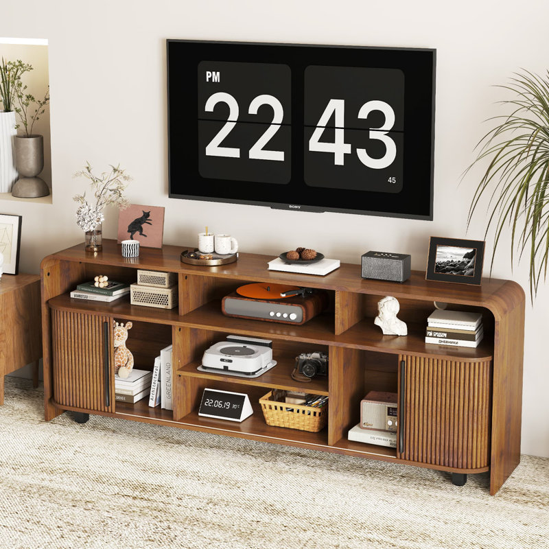 70 Inch Long Fluted Tv Stand For 75 65 80 Inch Tv,  Mid Century Modern Entertainment Center With Storage,  Adjustable Shelves, Sliding Doors
