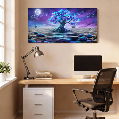 Arbre fantastique avec des feuilles bleues brillantes et un océan au clair de lune, toile tendue sur toile, ensemble de 1