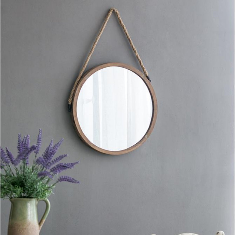 Miroir rond en bois avec poignée en jute 19 po x 19 po x 29,5 po Rally