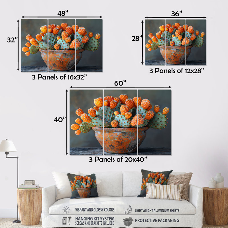 Ensemble de reproduction d'art mural orange cactus dans un vase I, Sans cadre, H 40 po x l 60 po