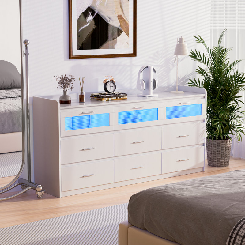 Commode blanche 9 tiroirs pour la chambre à coucher, commode 63 po avec lumières DEL, commode en bois 9 tiroirs avec rangement pour vêtements, armoire de rangement avec tiroirs en bois, meuble télé pour le salon