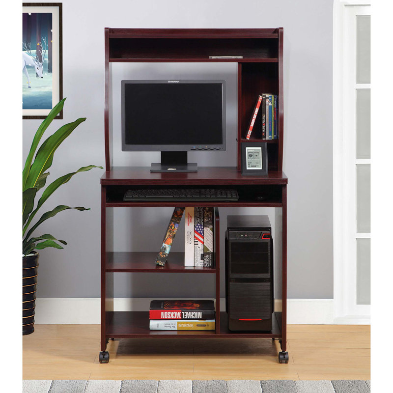 Microwave Cart Computer Cart Utility Cart With Hutch Shelves Spice Rack Mobile On Locking Castors, Mahogany