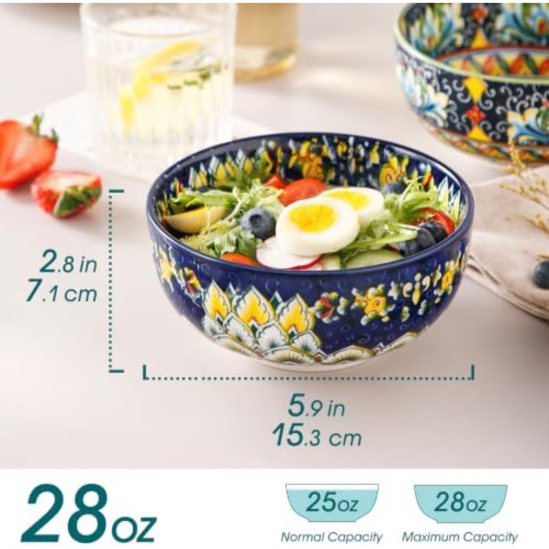 Cereal Bowls Set of 6, Bohemian Ceramic Soup Bowls, 28 oz Colorful Bowls Set for Kitchen, Dishwasher & Microwave Safe for Salad, Pasta, Rice, Oatmeal, Fruit (Pack of 2)