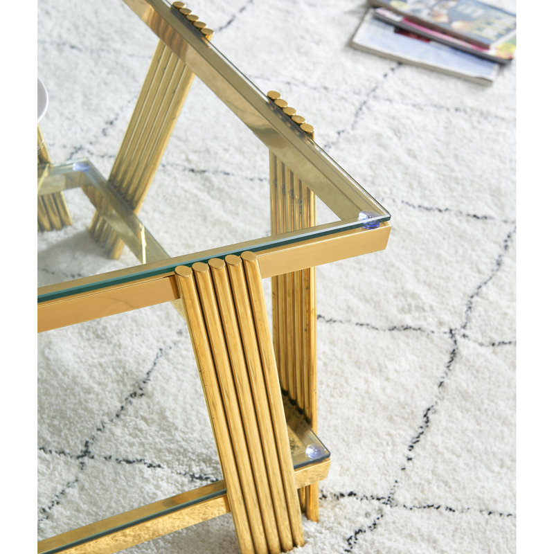 Table basse rectangulaire en acier inoxydable, verre trempé double couche, or, pour table de bureau à domicile avec cadre en verre, rectangle de 47 po, utilisation moderne
