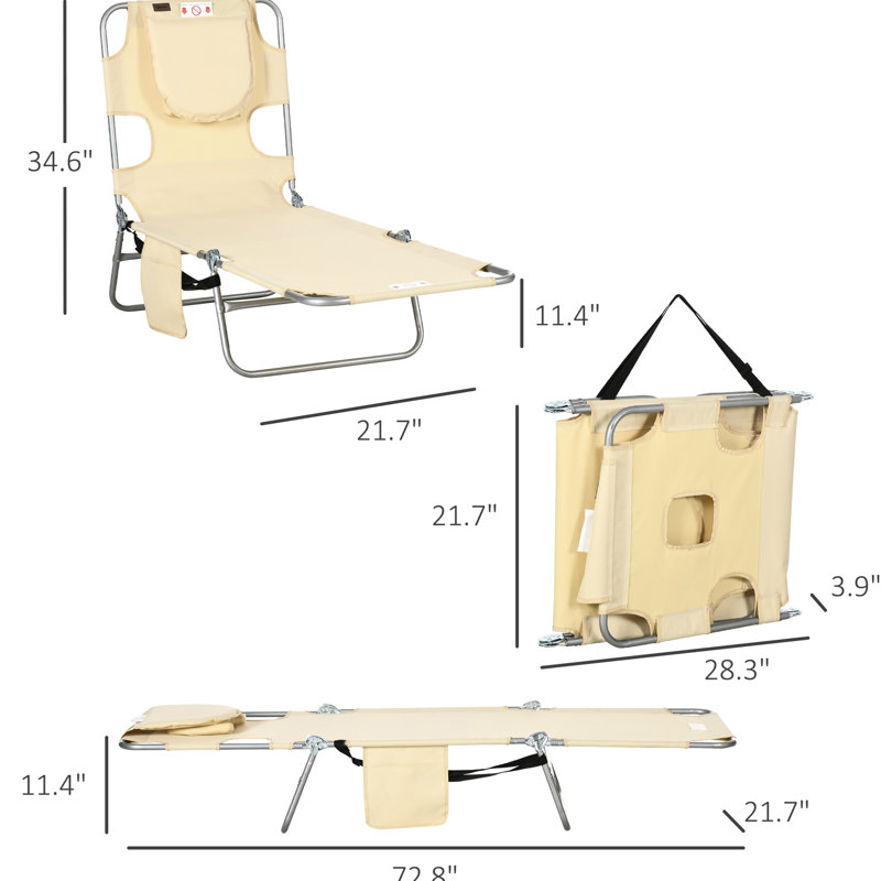 Folding Beach Lounge Chair With 5 Reclining Positions, Face Hole, Arm Slots And Pillow For Patio, Garden, Pool, Beige Outdoor Relaxing Slots, Storage Pocket Beach,