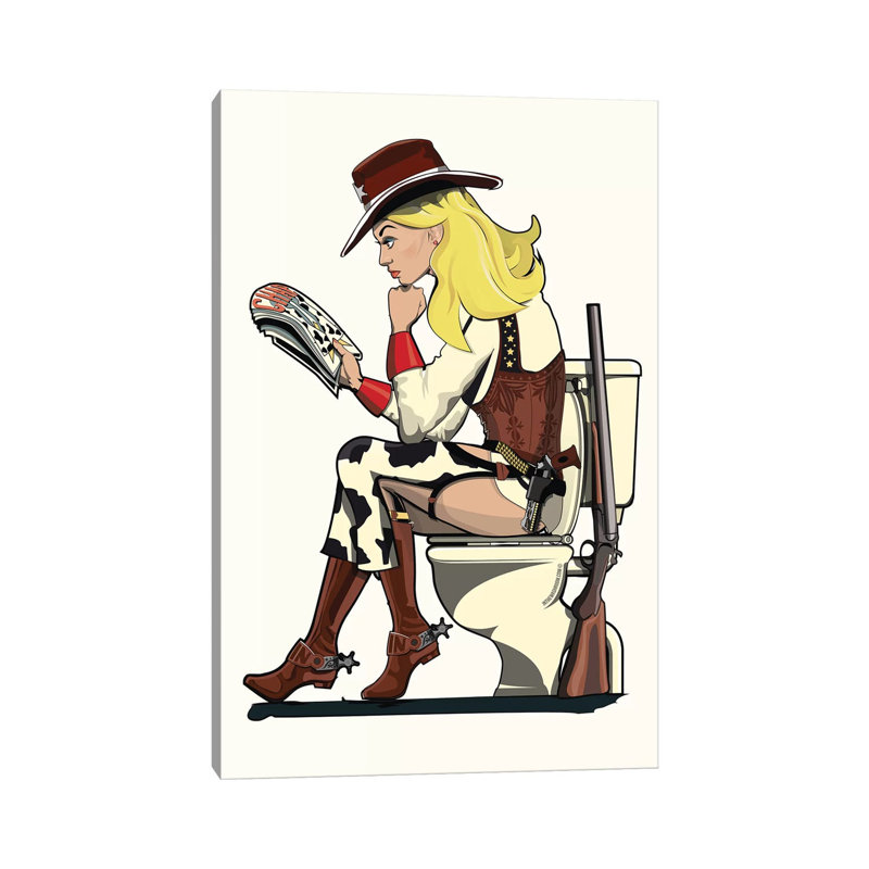Cowgirl on the toilettes - impression d'art graphique, Toile tendue, H 12 po x l 8 po x P 0,75 po, Aucun mat