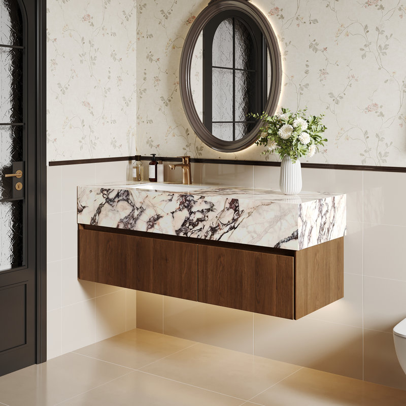 48'' Modern Luxury Bathroom Cabinet with Sintered Stone Top, Floating Bathroom Vanity with U-Shaped Cutout Drawer, Brown