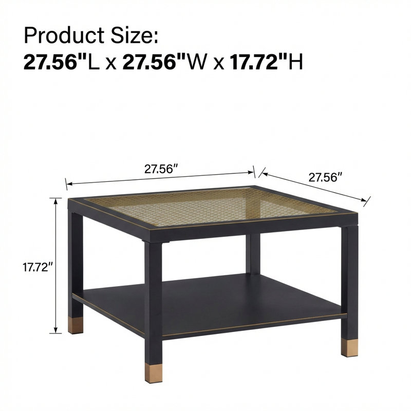 Table basse industrielle carrée avec structure en acier et plateau en verre maillé