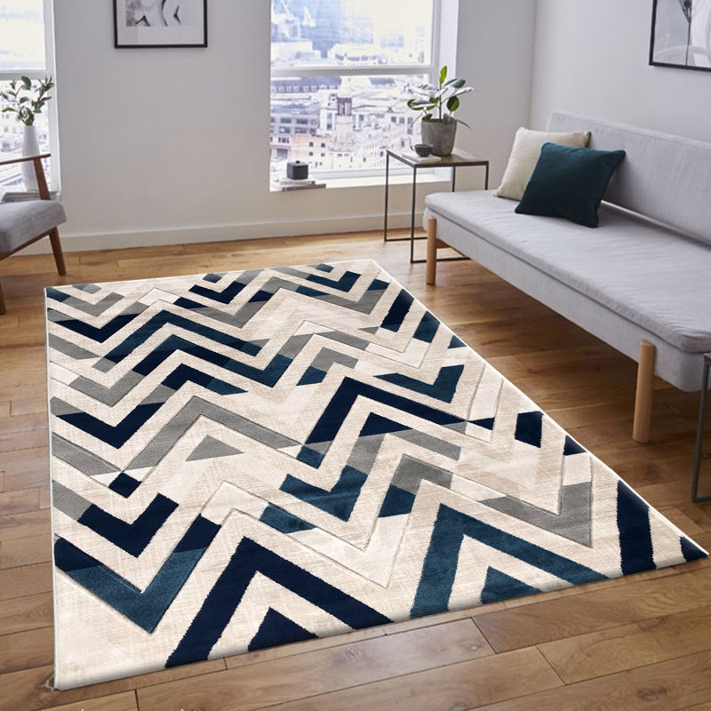 Tapis beige / bleu / gris Ekon, Rectangle 4 pi 11 po x 7 pi 7 po