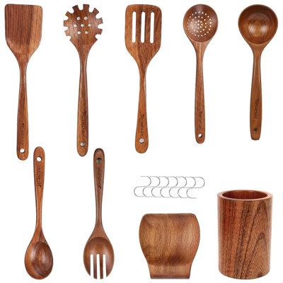 Ensemble d'ustensiles de cuisine 9 pièces, ensemble d'ustensiles de cuisine en bois avec crochets