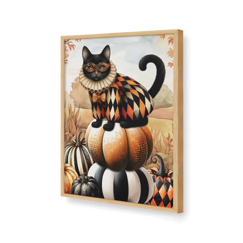 «Vintage Halloween Cat on Pumpkins» par Nicole DeCamp, reproduction d'art, L 24 po x H 32 po, Tanné, Impression encadrée