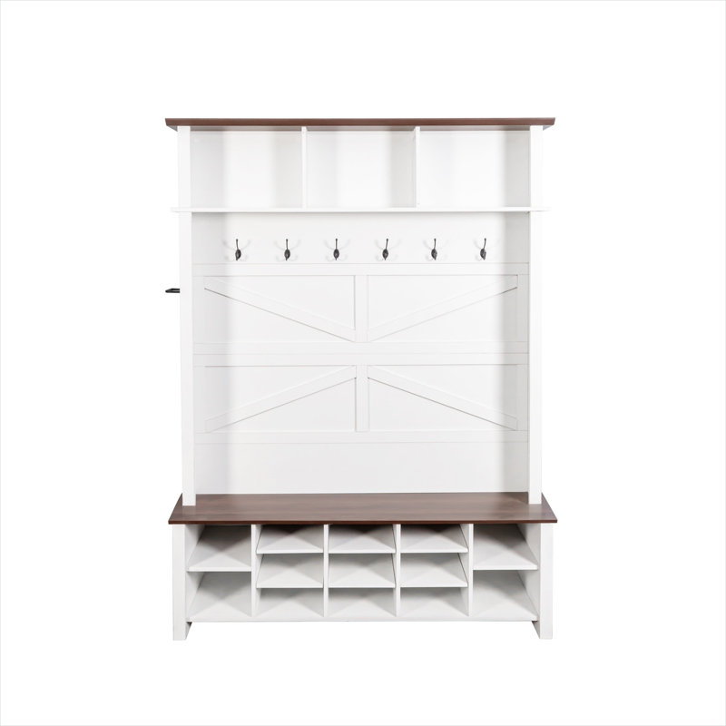 White-Toned Wood and MDF Hall Tree with Bench, 6 Hooks, and 16 Shoe Compartments – 4-in-1 Farmhouse Entryway Organizer