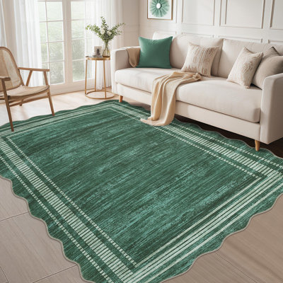 10x13 FT Area Rug, Modern Striped Border Accent Rug, Machine Washable Low Pile Non-Slip Indoor Carpet for Entryway, Bedside, Dorm, Living Room, Green