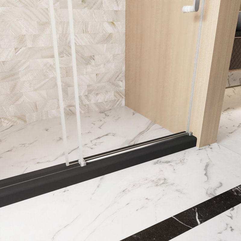 Frameless Single Sliding Shower Door  56-60 "W, 1/4 "(6 Mm) Clear Tempered Glass, Explosion Proof Film, Stainless Steel Handle Square Tube Track