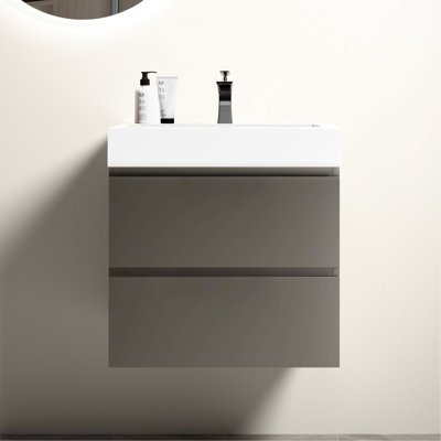 Meuble-lavabo 24 po gris avec lavabo - Design flottant mural moderne, grands tiroirs doubles, glissières de tiroir silencieuses, lavabo à poignée élégante, tiroirs pour rangement organisé, renard, élégant