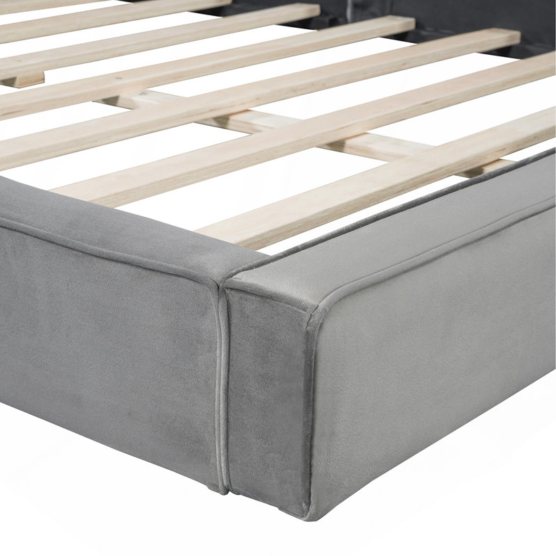 Lit plateforme tapissier grand format en velours, Gris