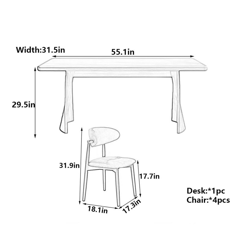 Table de salle à manger Vintage, H 29,5 po x l 55,1 po x P 31,5 po, 5 pièces: table, 4 chaises