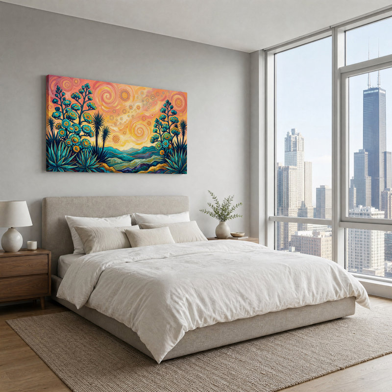 Tableau sur toile représentant un paysage désertique avec des agaves turquoise et un ciel orange tourbillonnant