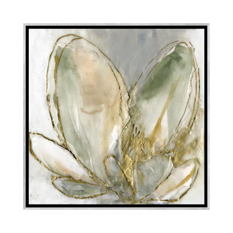 " Blooming Gold I " by Jennifer Goldberger, 26" H x 26" W x 1.5" D, Silver Framed Canvas