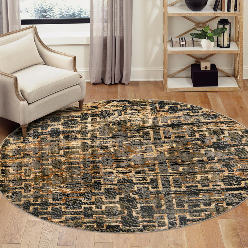 Tapis contemporain de couleur bleue et noire, Rond 5 pi 3 po