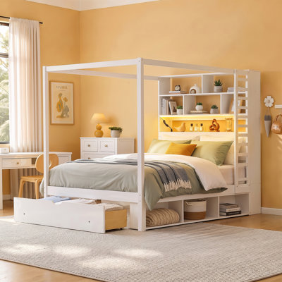 Lit à baldaquin en bois, taille standard, avec tête de lit bibliothèque, prises USB et éclairage DEL RVB intelligent, lit plateforme avec rangement sous le lit, tiroir au pied du lit et garde-robe réversible, blanc