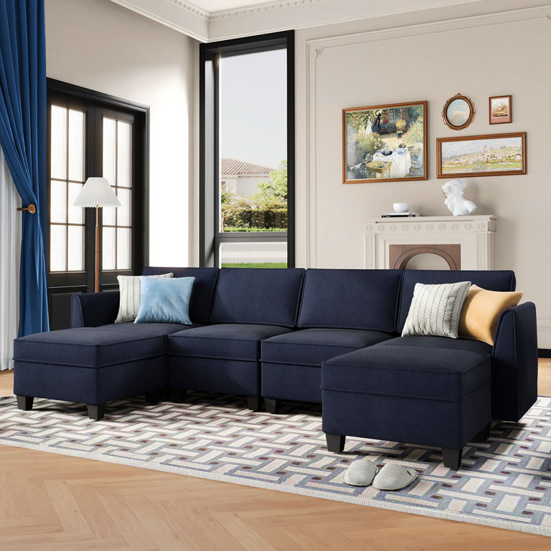 Canapé modulaire 6 pièces rembourré, Velours bleu marine