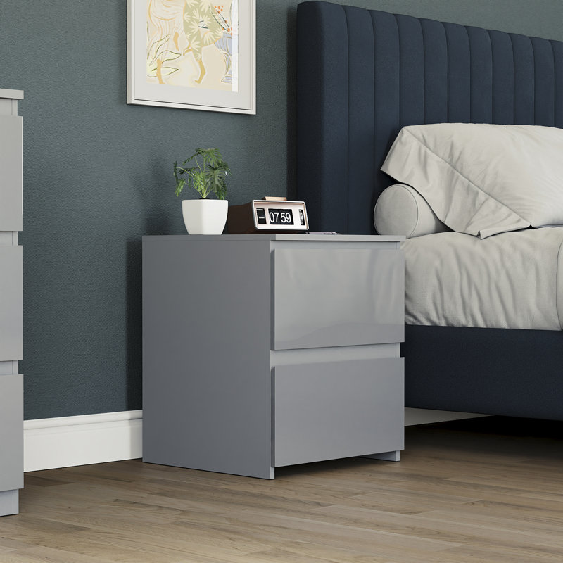 Oslo 2 Drawer High Gloss Bedside Chest (FSC 100%) Bedroom Home Bedside Furniture, Grey