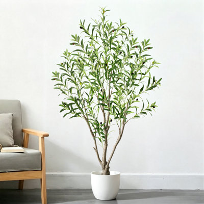 5FT Artificial Olive Tree in Black Cement Pot - Realistic Faux Olive Plant for Modern Living Room, Office & Entryway Decor