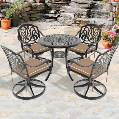 5 chaises en fonte d'aluminium pour le jardin - 4 chaises pivotantes et table ronde de 30,71 po, noir, lignes élaborées, revêtement, assise confortable, capacité de poids de 350 lb, coussins inclus, facile