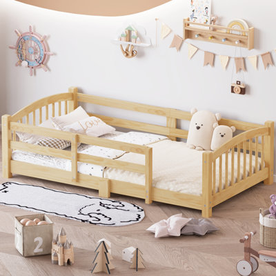Lit simple Montessori avec lattes et barrières de sécurité, lit pour enfants en bois massif, sans porte, facile à assembler, naturel