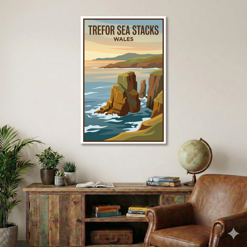 Trefor Sea Stacks, Wales - Romantic Coastal Travel Poster of Rugged Cliffs. Giclee Print on Wrapped Canvas. Wall Art, Home Decor - Natural Landmarks, Wales 1 Piece Wrapped Canvas Wall Art