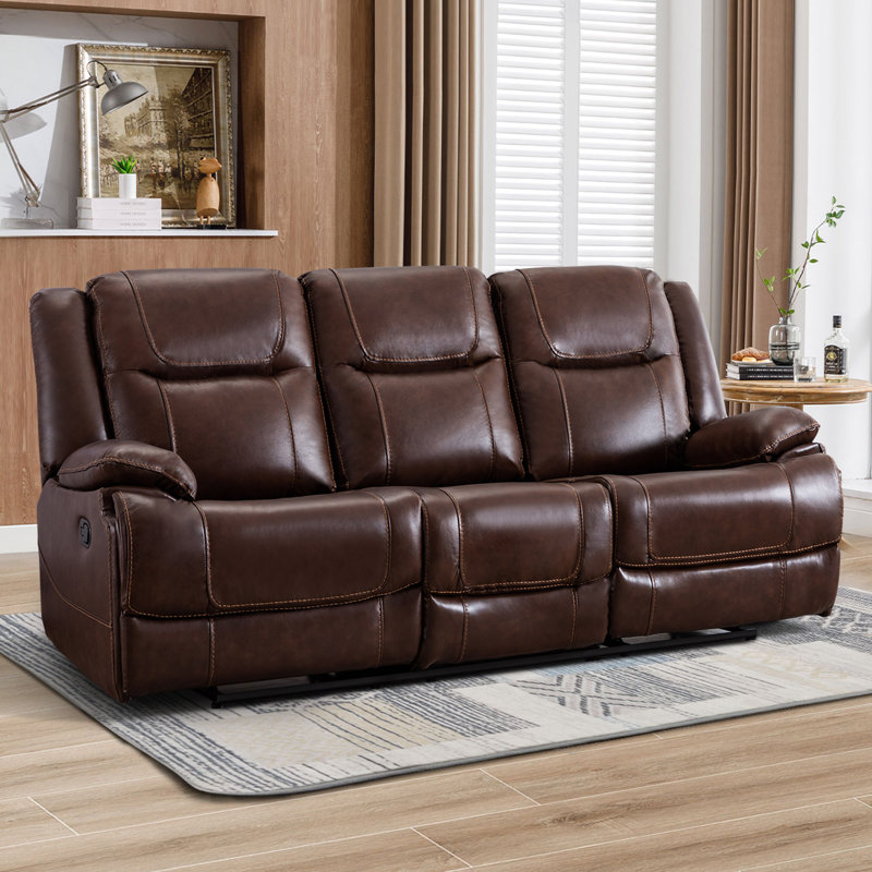 Austin Brown Genuine Leather Double Reclining Sofa, 78 x 37.5 x 39H - (Item is New/Like New, but does have hairline scratches on left cushions)