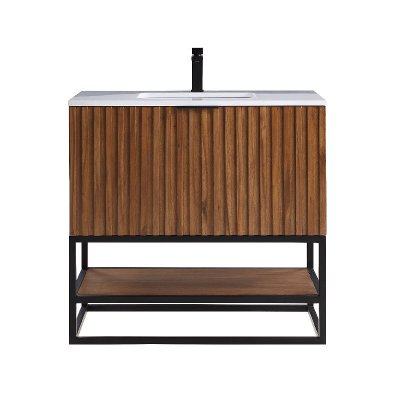 Terra 36'' W Single Vanity, Walnut, Matte Black, Calacatta Quartz/Widespread Faucet Mount
