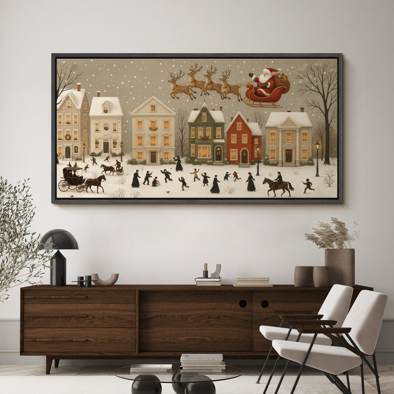 «Christmas Holiday Celebration Vintage Christmas Town Santa Scene», très grande image, reproduction d'art sur toile encadrée