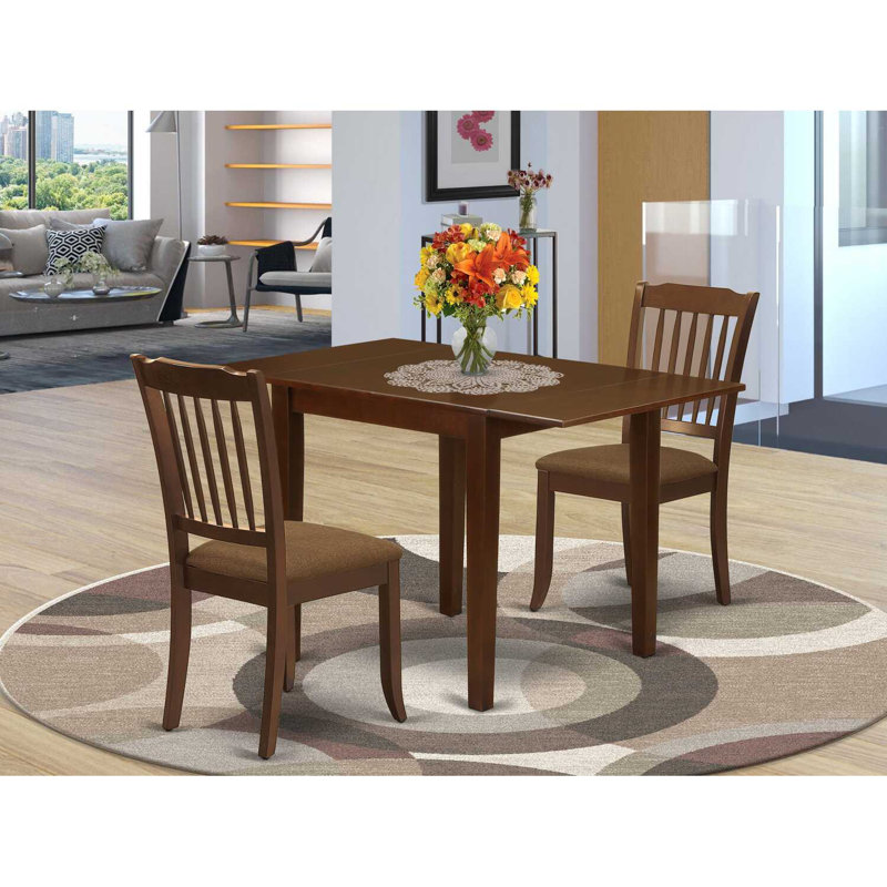 L'ensemble de table de salle à manger 3 pièces contient une table de cuisine rectangulaire avec Dropleaf et 2 chaises de salle à manger rembourrées en tissu de lin, 30 x 48 pouces, acajou