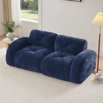 Canapés capitonnés à 2 places avec canapé sans os, tissu en velours doux, conception antidérapante inférieure, éponge haute densité 32D, conception ergonomique inférieure, aucun assemblage requis, convient aux salons, bleu