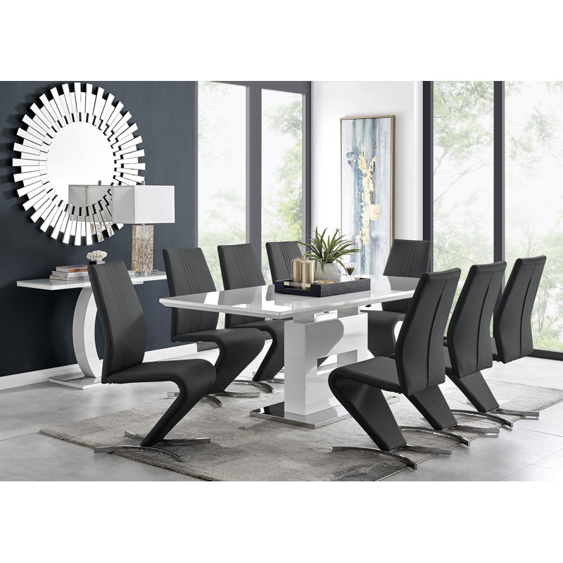 Alezzo Modern High Gloss Extendable Dining Table Set with 8 Modern Design Faux Leather Dining Chairs, Black