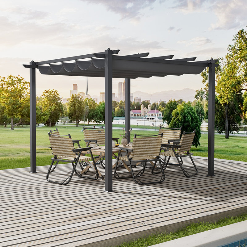 Dakota Fields Polyester Cover Retractable Freestanding Awning, Light Grey, 228cm H x 300cm W x 300cm D